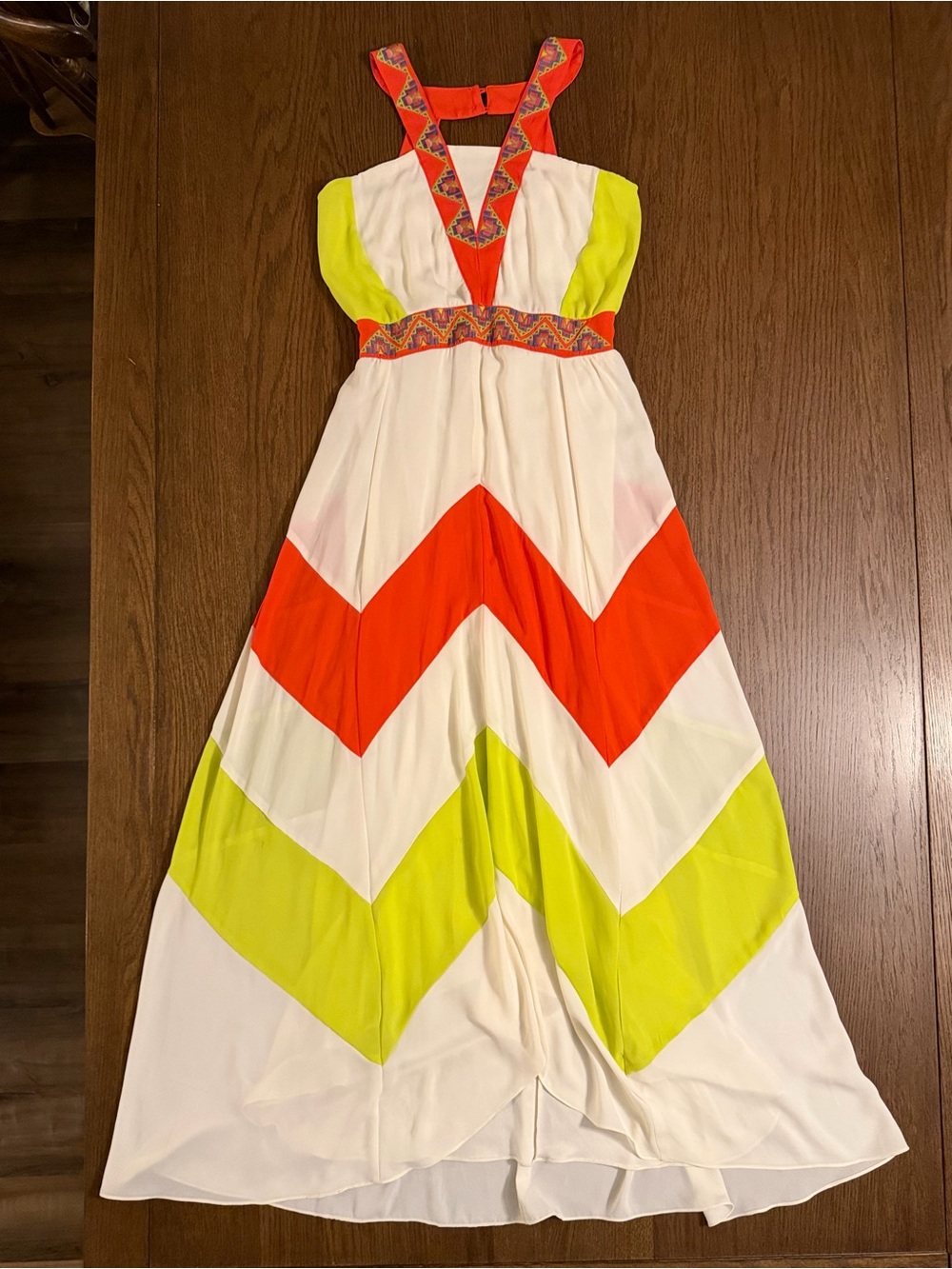 GB Gianni Bini Ivory, Neon Yellow-Green, & Orange Chevron Maxi Dress